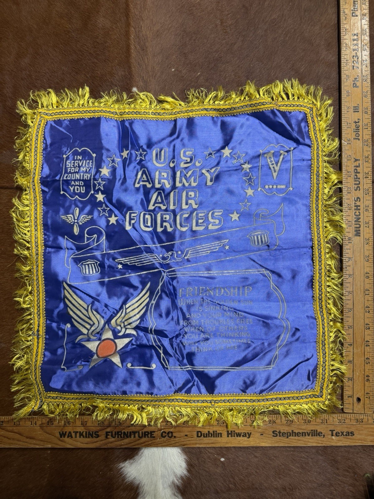 Vintage WW2 US ARMY Silk Pillow Case AIR FORCES Poem With Fringe #11 Vintage WW2 US ARMY Silk Pillow Case AIR FORCES Poem With Fringe #11