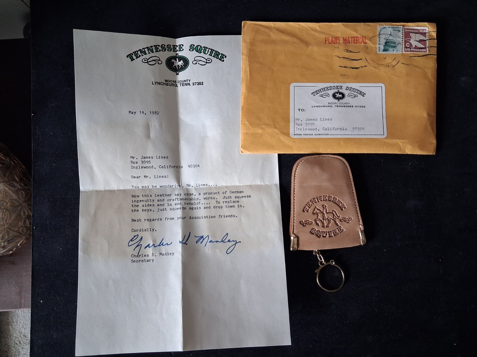 Jack Daniels Pres. Charles Manley 1982 Signed Letter & Leather Pouch + Envelope Jack Daniels Pres. Charles Manley 1982 Signed Letter & Leather Pouch + Envelope