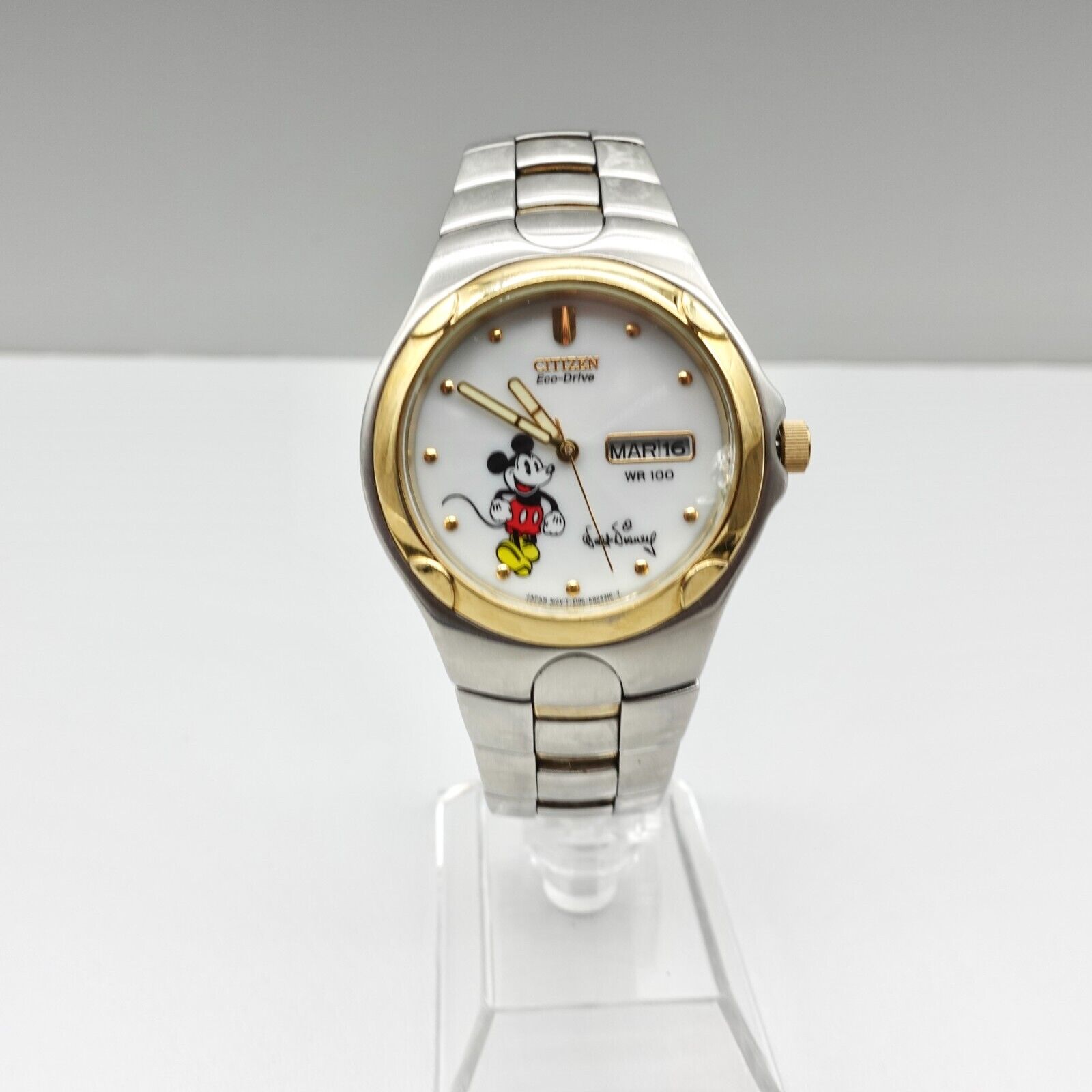 Disney Citizen Watch Eco Drive Mickey Mouse Cracked Glass Works FOR PARTS REPAIR