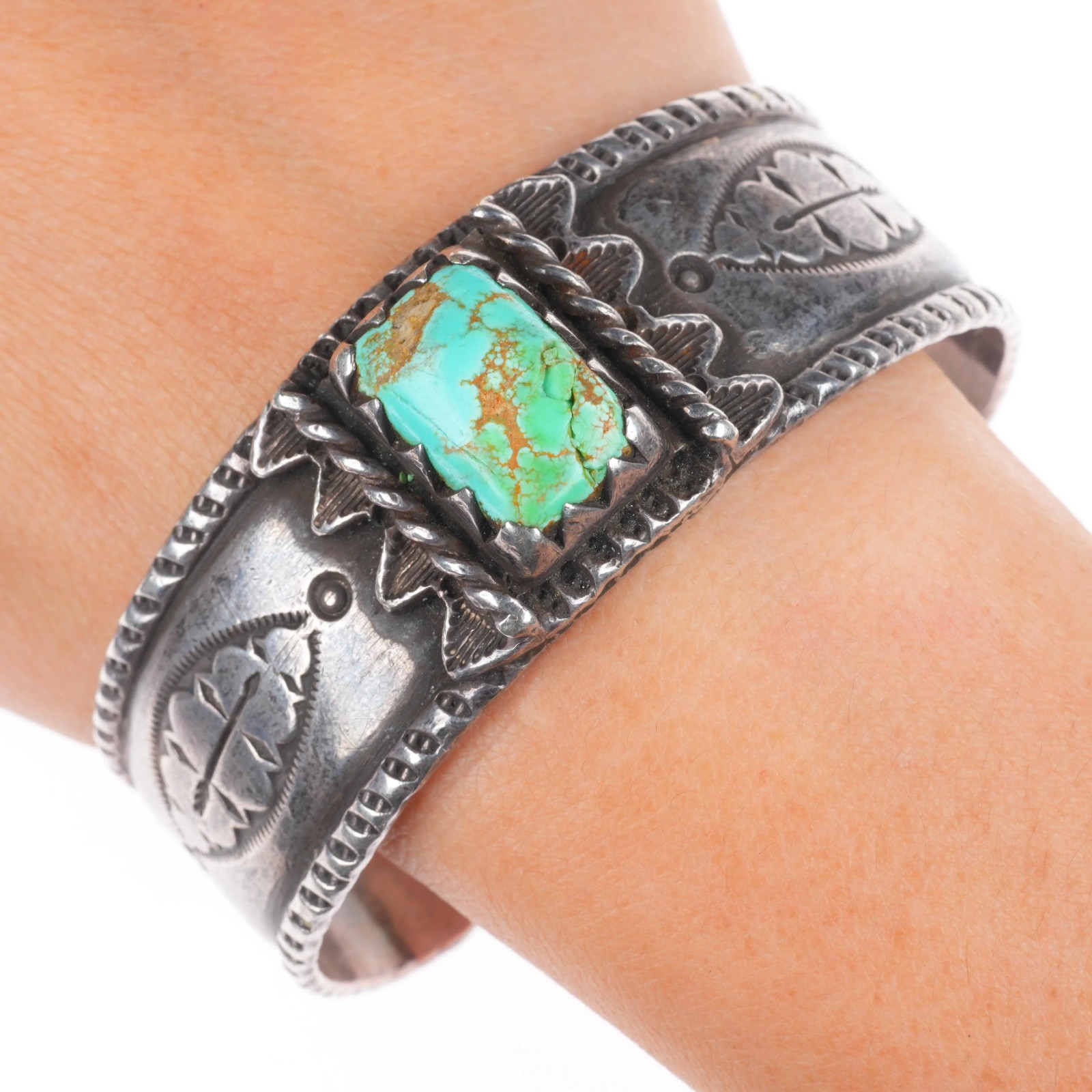 7" Vintage Navajo Revival stamped sterling silver turquoise cuff bracelet 7" Vintage Navajo Revival stamped sterling silver turquoise cuff bracelet