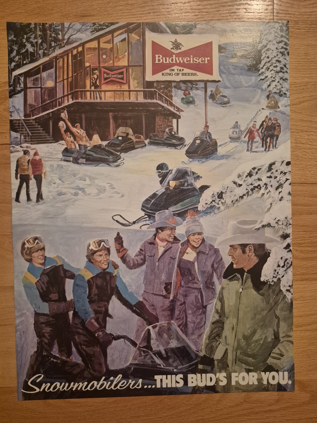 Vintage Rare Budweiser Beer Poster Snowmobilers 24" x 18" L@@K Vintage Rare Budweiser Beer Poster Snowmobilers 24" x 18" L@@K