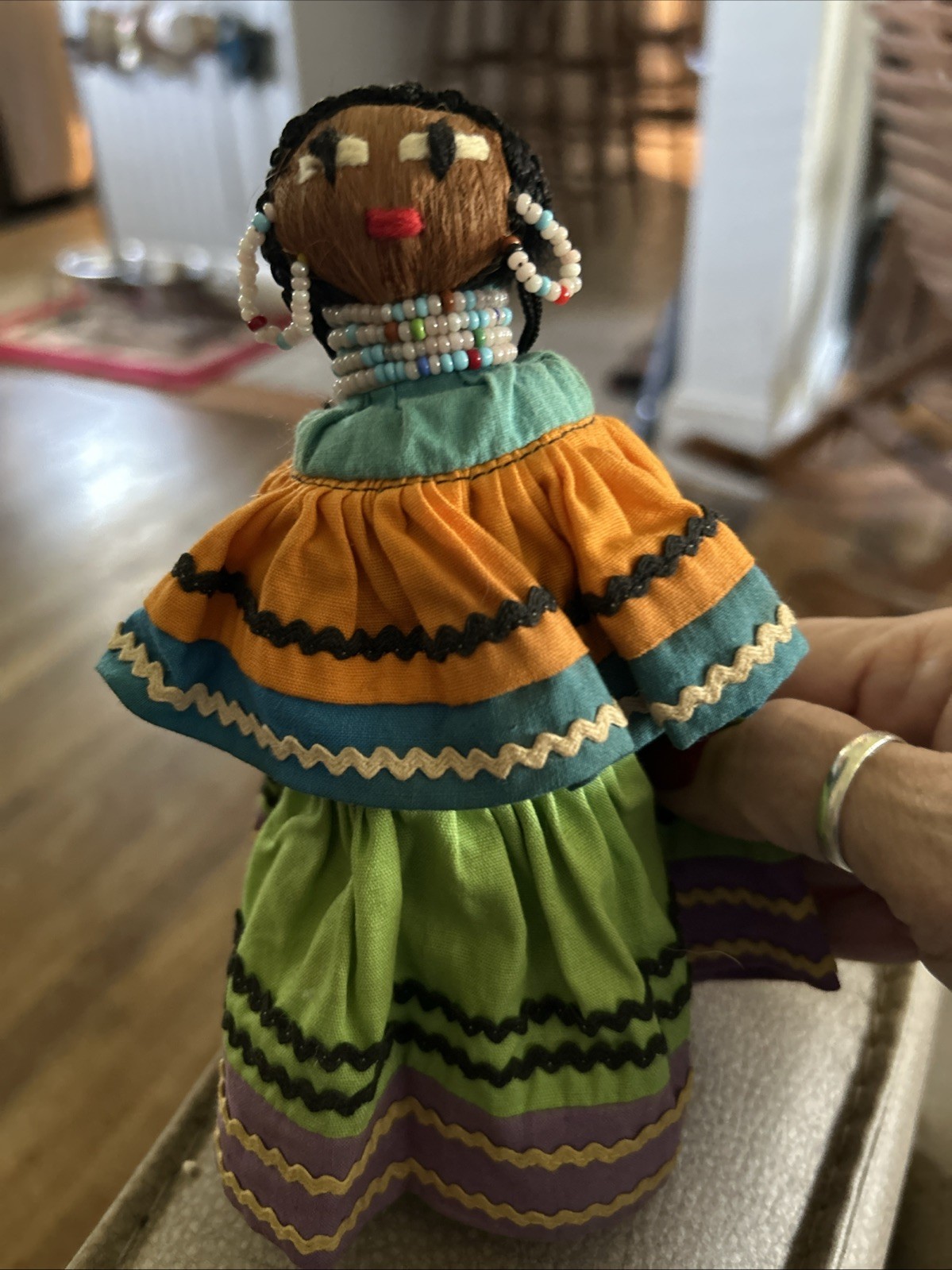 Vintage Seminole Native American Palm Fiber Palmetto Doll Beadwork Handmade 8"
