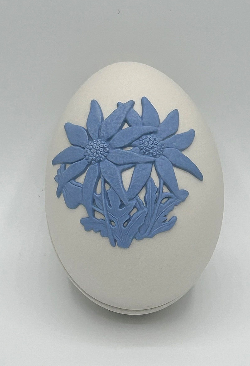 Wedgwood Reverse Colors White Jasperware Edelweiss Egg with Blue Relief Bias Wedgwood Reverse Colors White Jasperware Edelweiss Egg with Blue Relief Bias