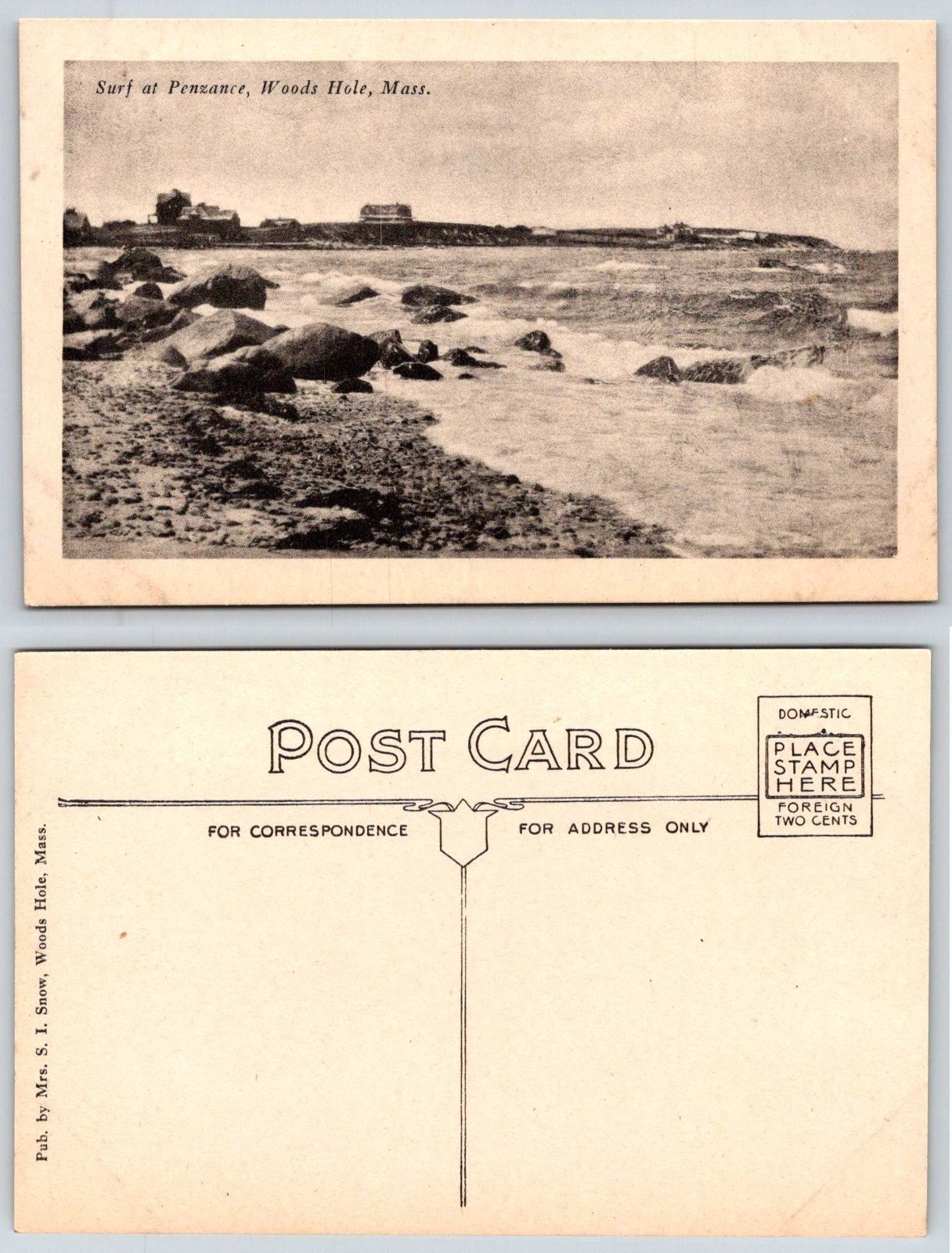 Penzance Surf Woods Hole Massachusetts Rocky Coast Mrs S I Snow Postcard AY616