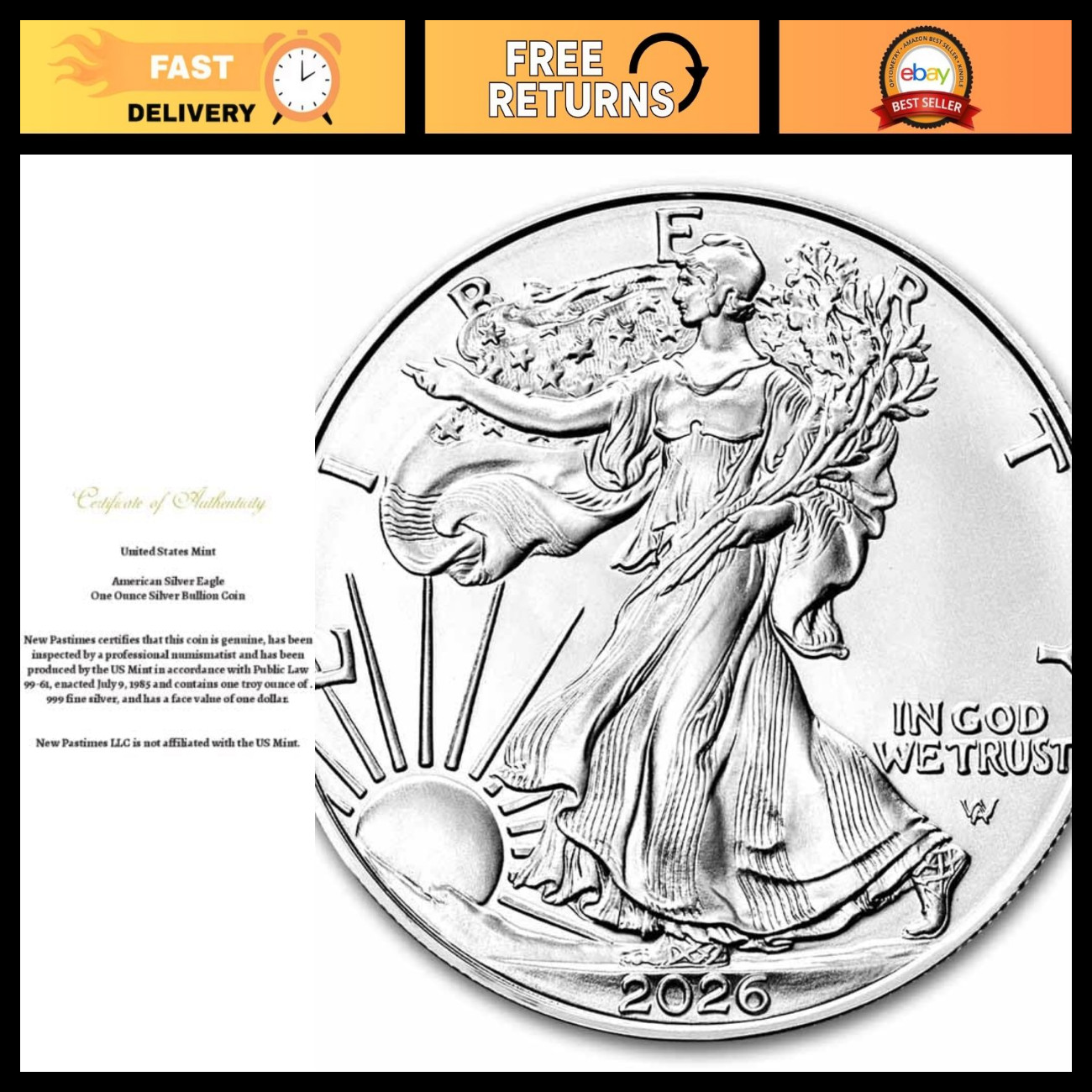 2026 - American Silver Eagle 1 oz Bullion Coin with Certificate of Authenticity 2026 - American Silver Eagle 1 oz Bullion Coin with Certificate of Authenticity