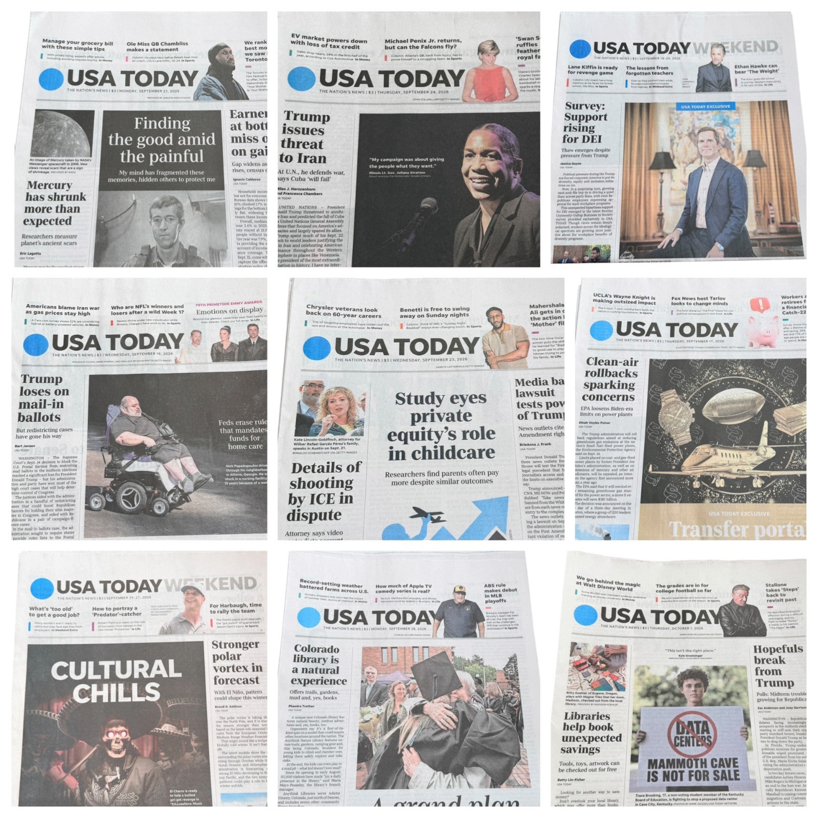 USA Today Newspapers Lot of 9 Papers September 16 - 28 & October 1 - 2026 UNREAD USA Today Newspapers Lot of 9 Papers September 16 - 28 & October 1 - 2026 UNREAD