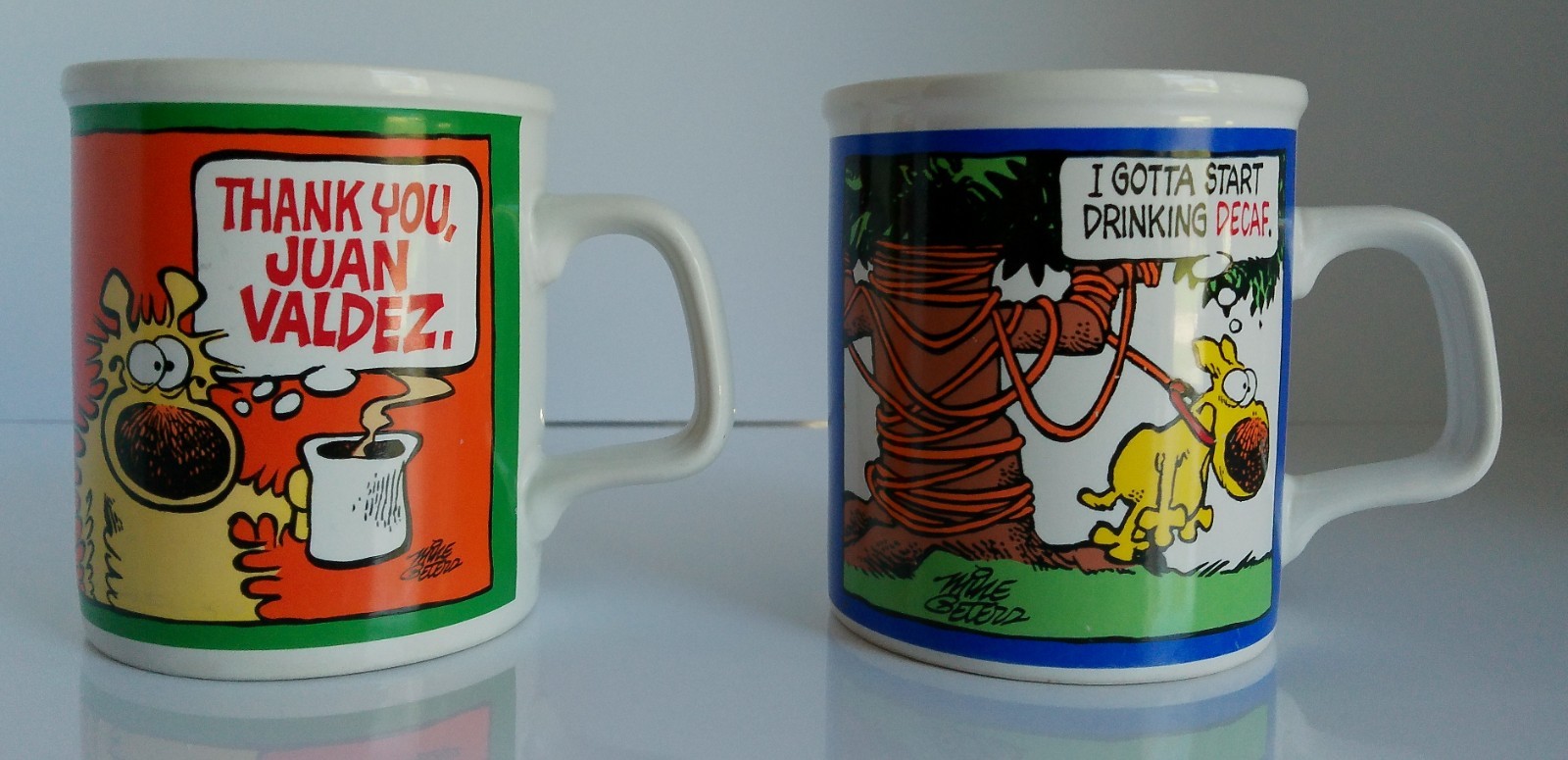 Lot 2 GRIMMY Thank You Juan Valdez & Gotta Start Drinking Decaf Coffee Mugs 1988 Lot 2 GRIMMY Thank You Juan Valdez & Gotta Start Drinking Decaf Coffee Mugs 1988