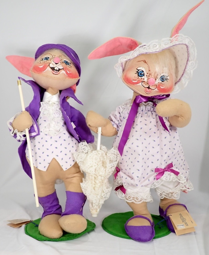 Vintage 1990 Annalee 20" Easter Parade Bunny Pair Boy Girl Purple Tags Vintage 1990 Annalee 20" Easter Parade Bunny Pair Boy Girl Purple Tags
