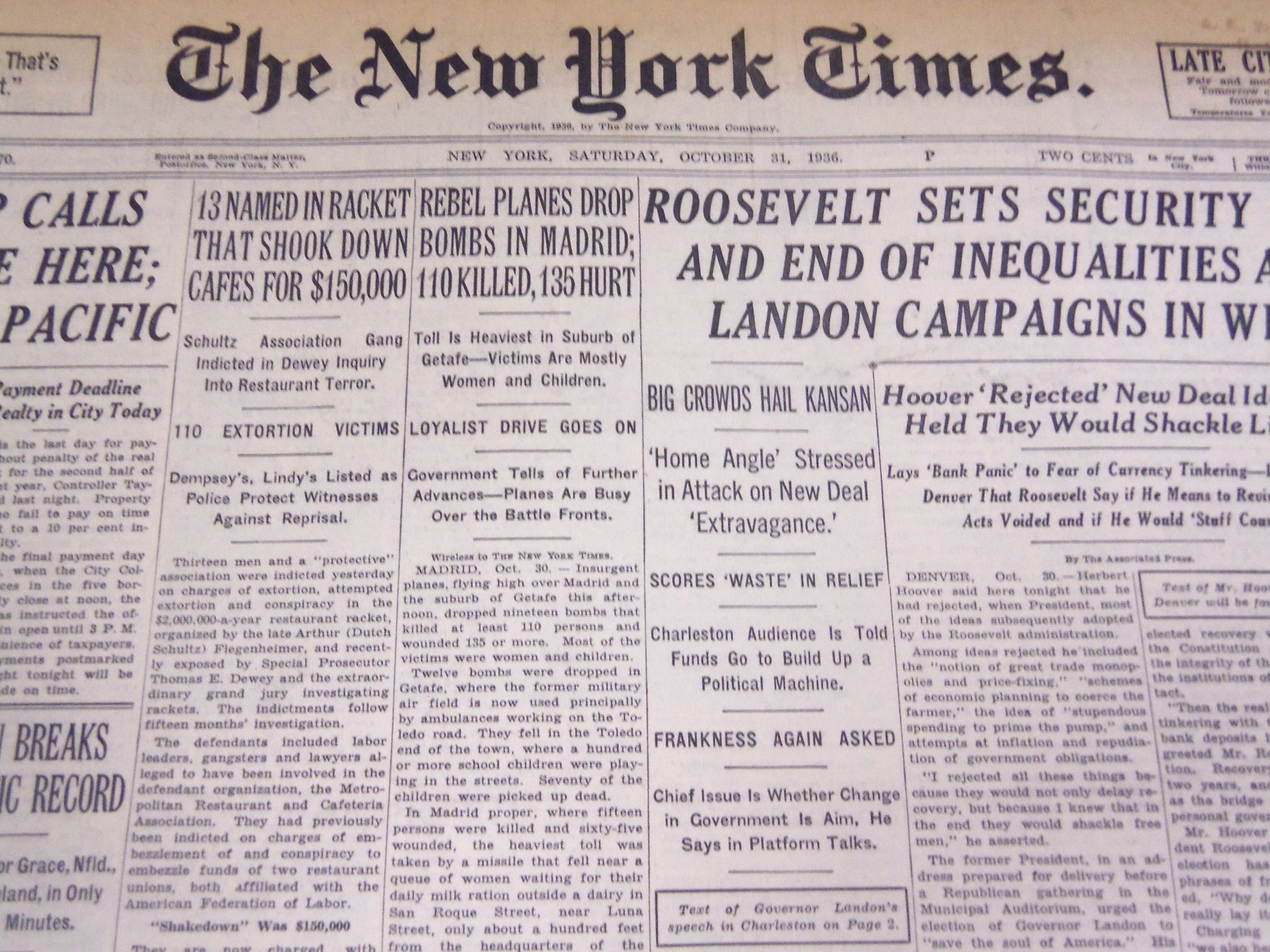 1936 OCT 31 NEW YORK TIMES - REBEL PLANES DROP BOMBS IN MADRID - NT 2101 1936 OCT 31 NEW YORK TIMES - REBEL PLANES DROP BOMBS IN MADRID - NT 2101