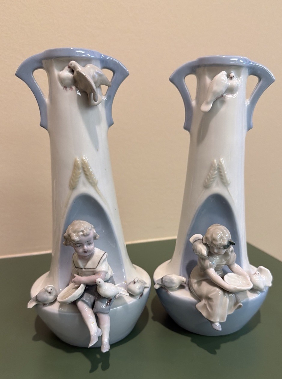 “Pair of Antique Fritz Pfeffer Gotha German Porcelain Figural Vases, c. 1900.”