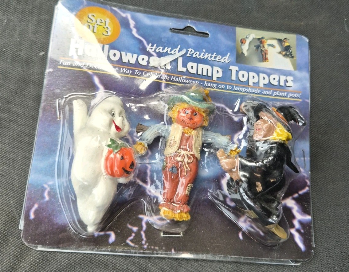 Set Of 3 Vintage Hand-Painted Halloween Lamp Toppers - NIB