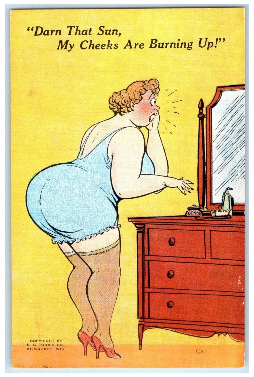 c1930's Fat Woman Big Butt Mirror My Cheeks Are Burning Up Vintage Postcard