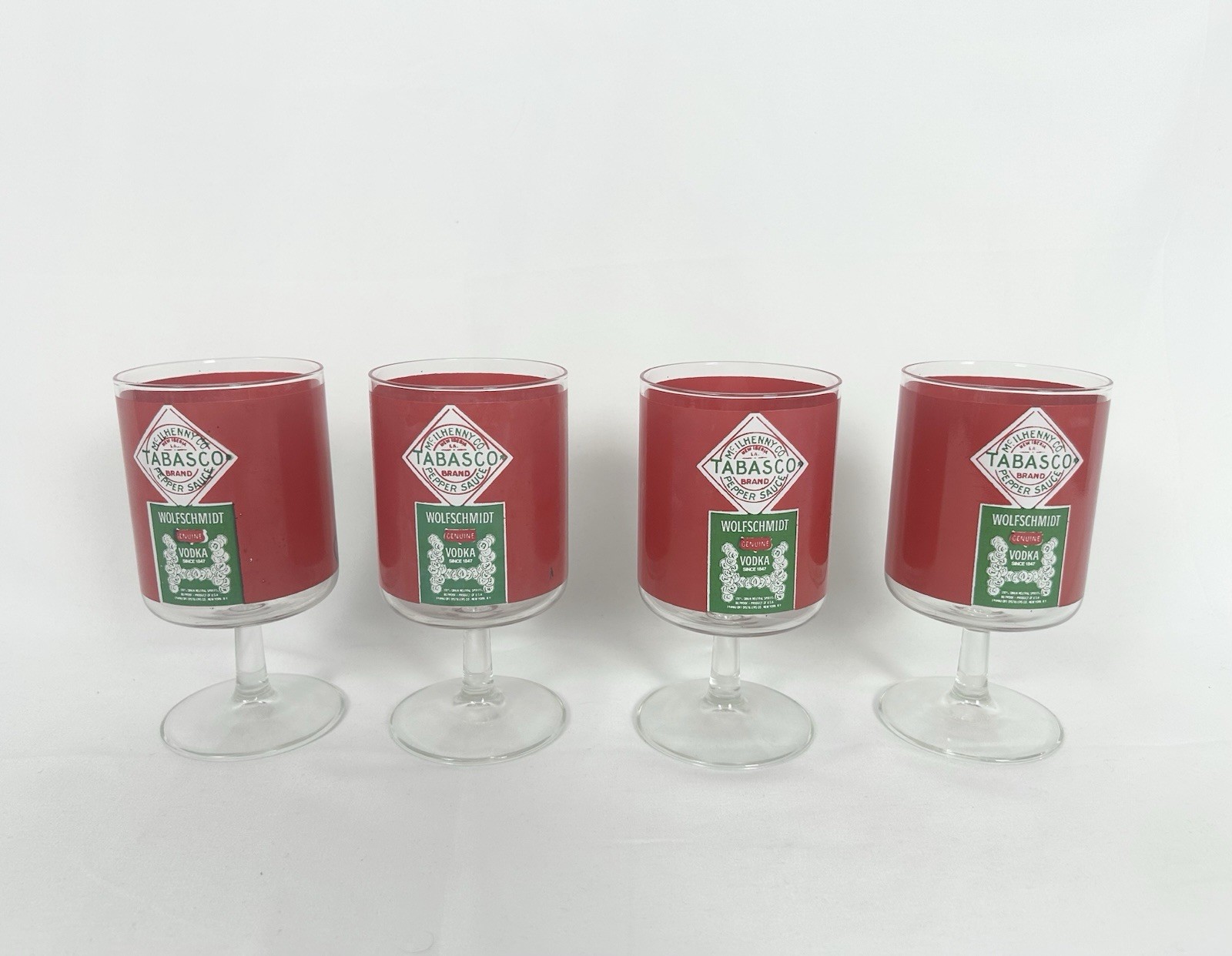 RARE Vintage TABASCO - 4 Red Eye Stem Glasses - Wolfschmidt Vodka - Small Print 