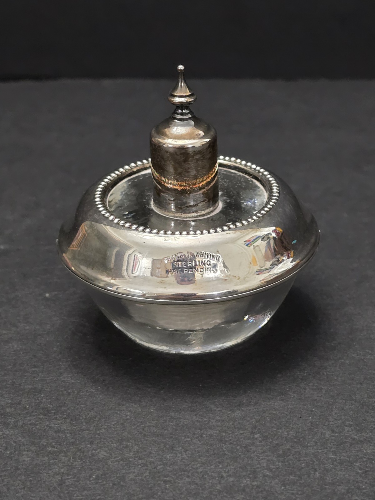 Frank M Whiting Sterling Silver Glass Table Cigarette Lighter Pat Pending Vtg Frank M Whiting Sterling Silver Glass Table Cigarette Lighter Pat Pending Vtg