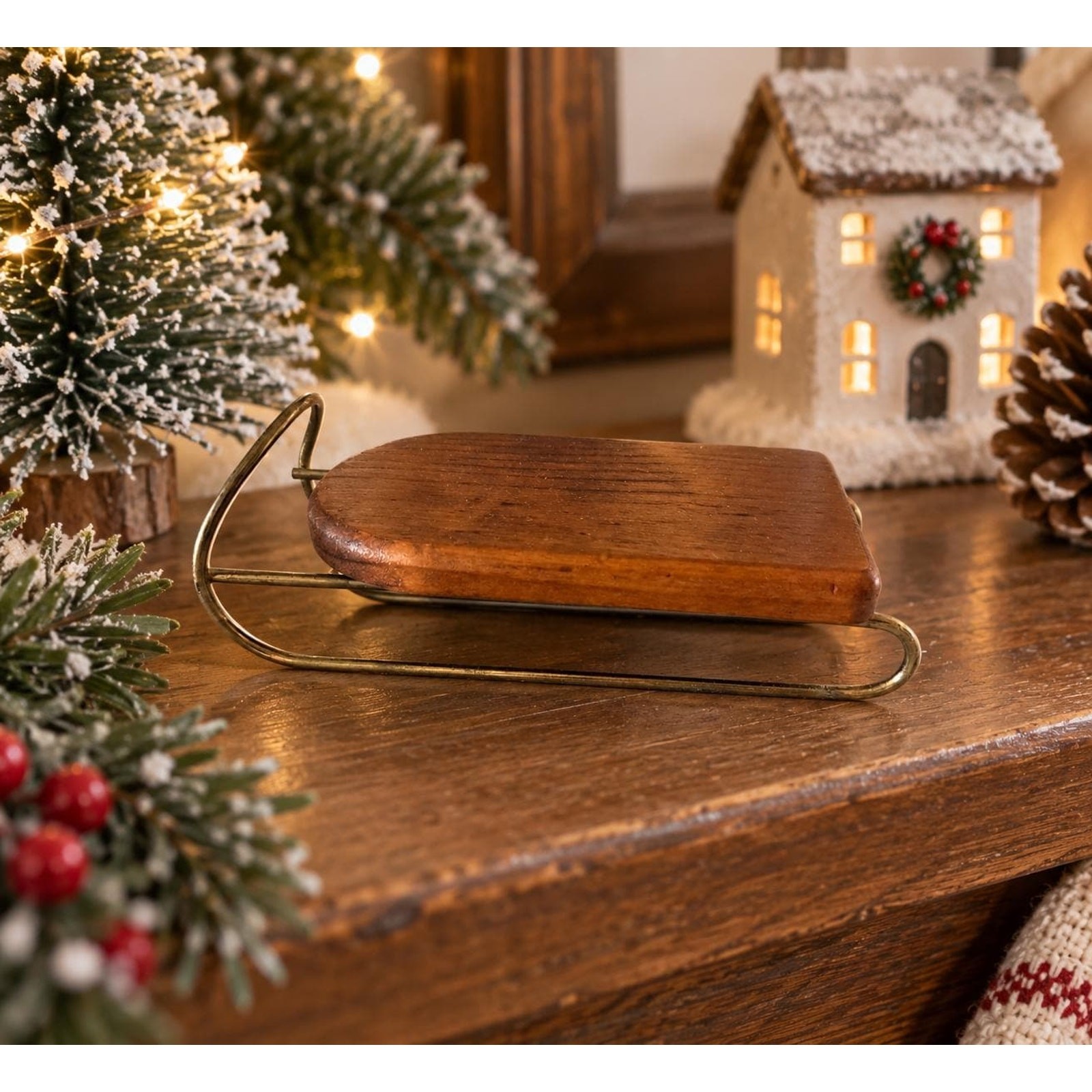 Vintage Wooden Christmas Sleigh, Brass Runners, Rustic Holiday Decor Vintage Wooden Christmas Sleigh, Brass Runners, Rustic Holiday Decor