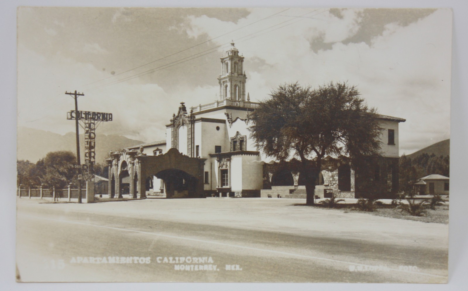 Vintage Monterrey Mexico RPPC Postcard Apartamientos California Hotel Sign 1940s