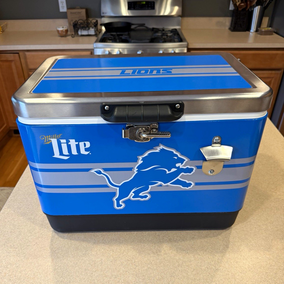 Miller Lite Detroit Lions Blue Metal Cooler Ice Chest with Bottle Opener Miller Lite Detroit Lions Blue Metal Cooler Ice Chest with Bottle Opener