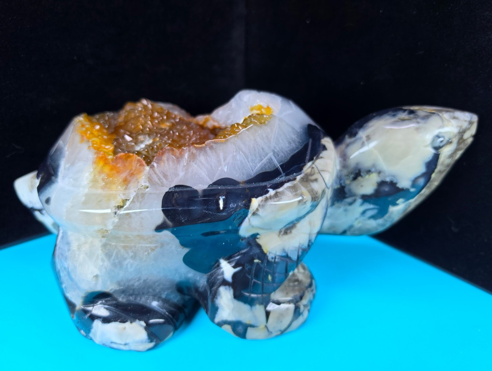 Volcano Agate Tortoise Turtle Carving Carnelian Geode STRONG UV | 13.49 LB Volcano Agate Tortoise Turtle Carving Carnelian Geode STRONG UV | 13.49 LB