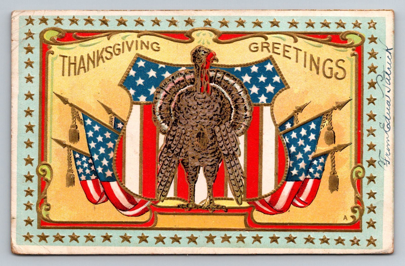Postcard Thanksgiving Patriotic Turkey US Flags c. 1918
