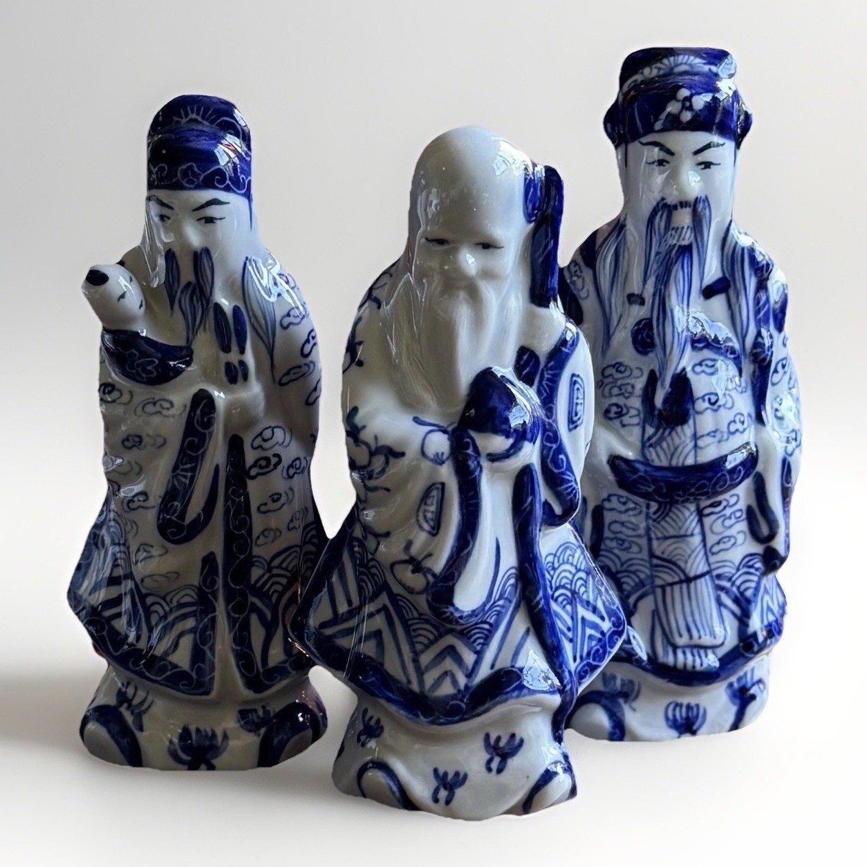 Vintage Chinese Blue and White Porcelain FU LU SHOU Statues 6.5" Hand Painted