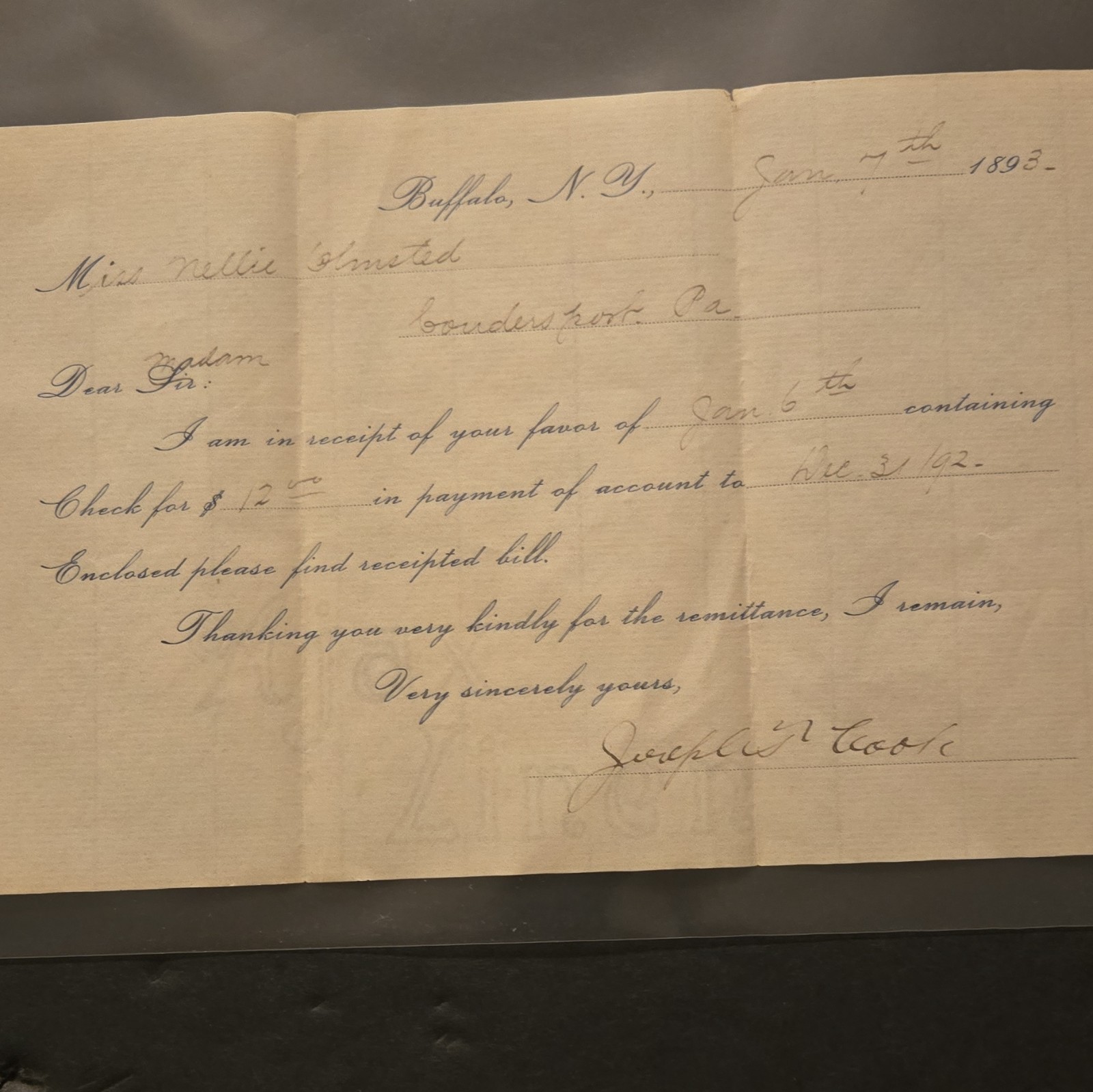 1893 Handwritten Letter Jan 7 Buffalo NY to Miss Nellie Olmsted 1893 Handwritten Letter Jan 7 Buffalo NY to Miss Nellie Olmsted