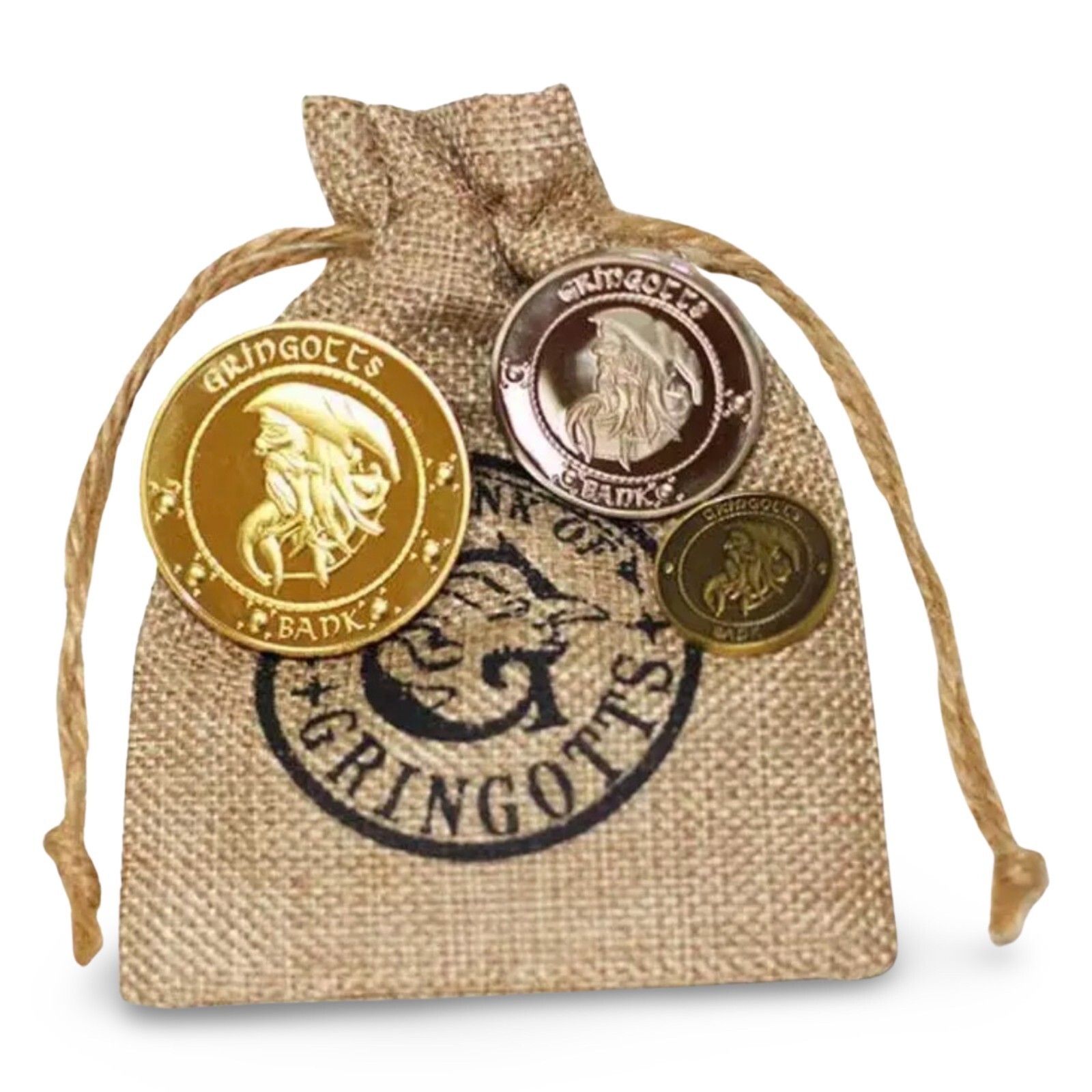 Harry Potter Gringotts Bank Wizarding World Galleons in Burlap Sack 3 Coins Harry Potter Gringotts Bank Wizarding World Galleons in Burlap Sack 3 Coins