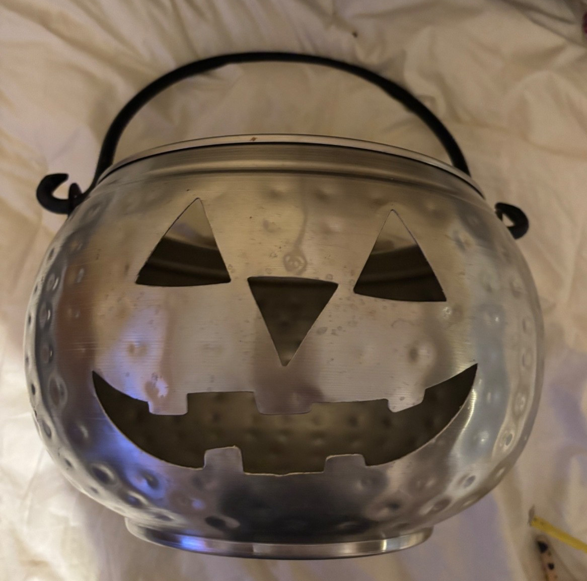 LARGE GALVANIZED JACK-O-LANTERN HAMMERED METAL PUMPKIN CANDLE VESSEL. 12" W/ CAS