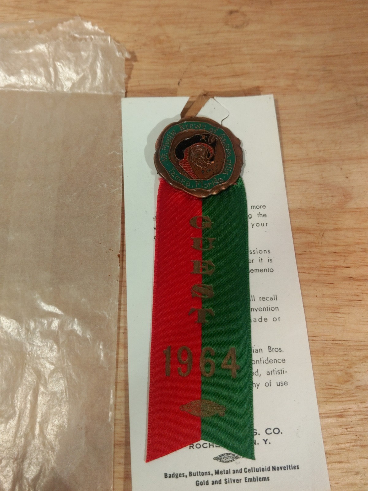 Vintage 1964 Ye Mystic Krewe of Gasparilla Guest Ribbon Medal Tampa FL YMKG Card