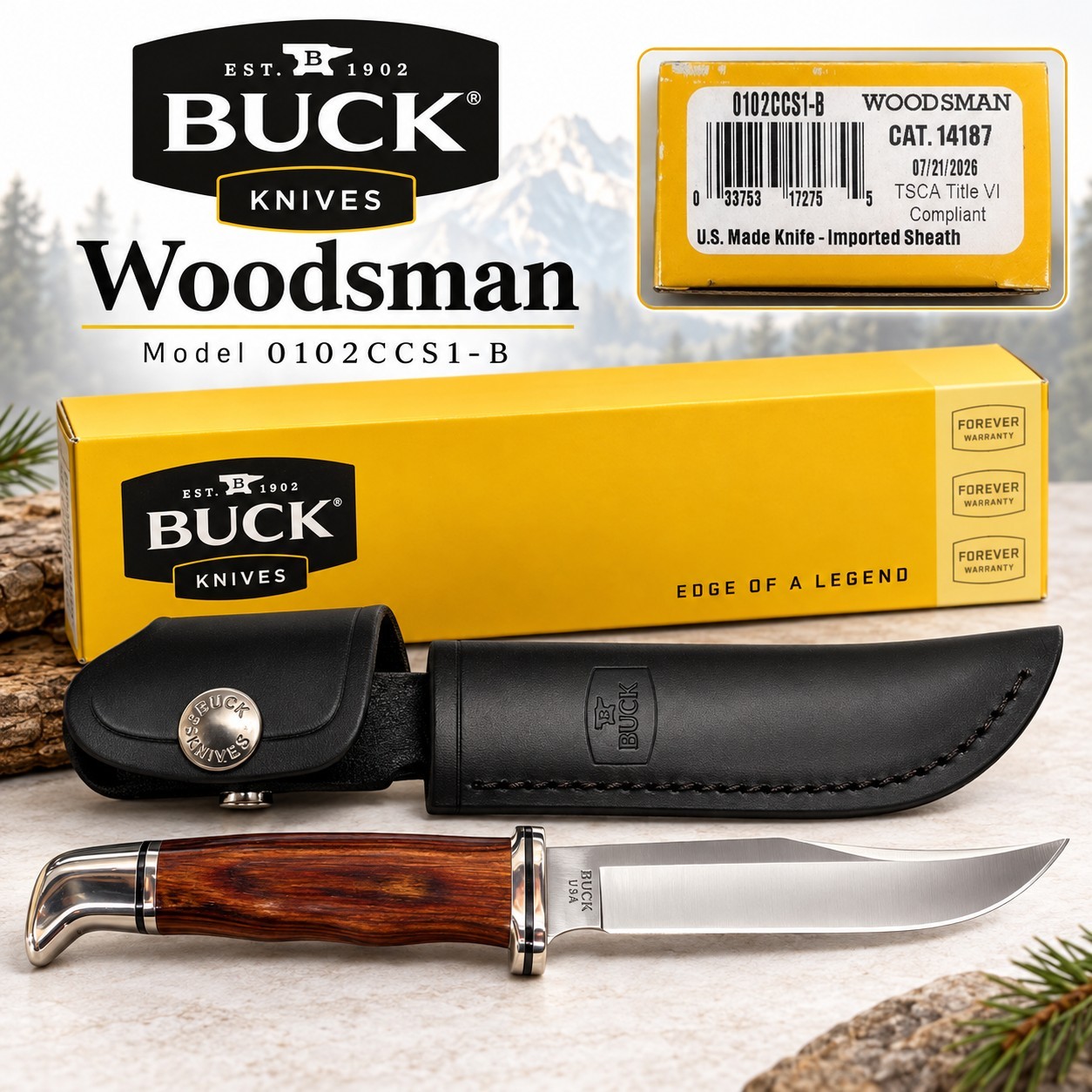 Brand New Buck Woodsman 0102CCS1-B Fixed Blade Knife Wood Handle w/ Sheath Box Brand New Buck Woodsman 0102CCS1-B Fixed Blade Knife Wood Handle w/ Sheath Box