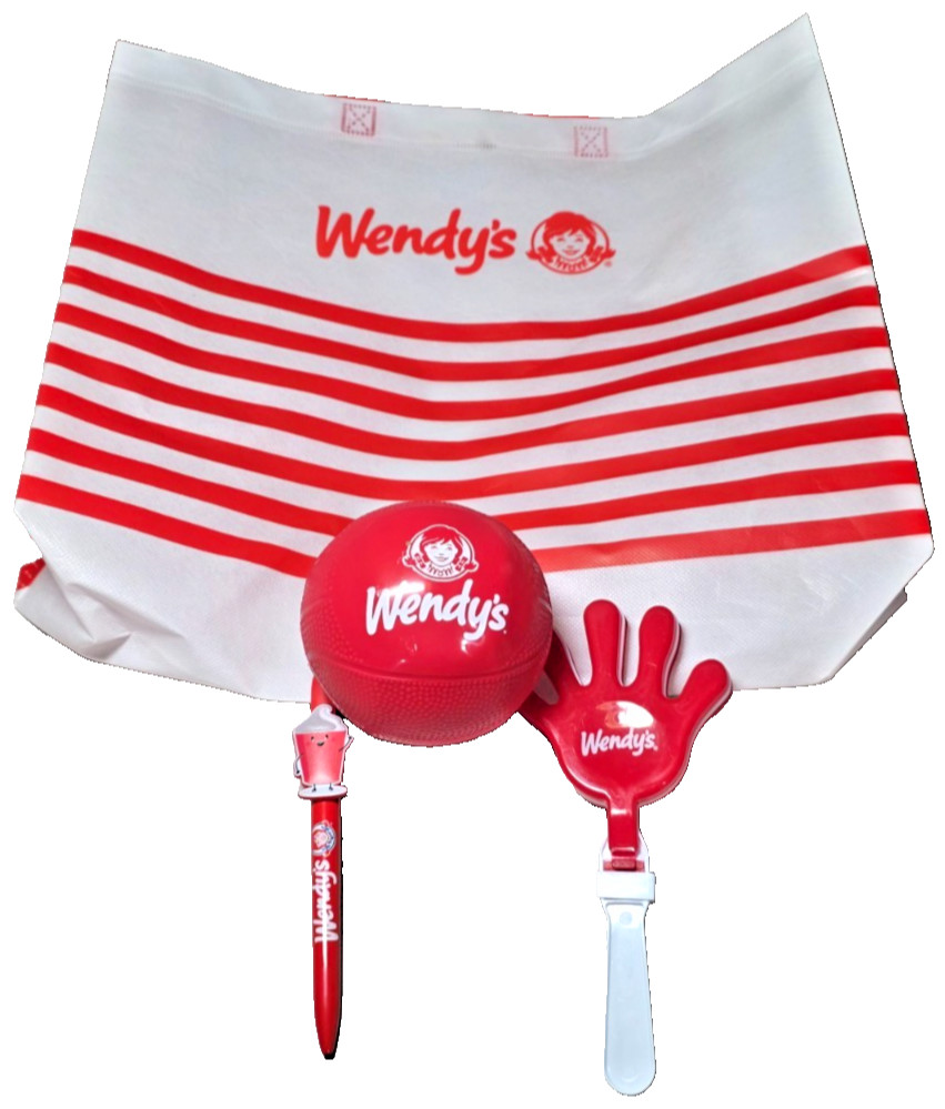 Exclusive Ultra Rare Wendy's Promo Tote Bag Ball Hand Clapper & Frosty Pen Lot