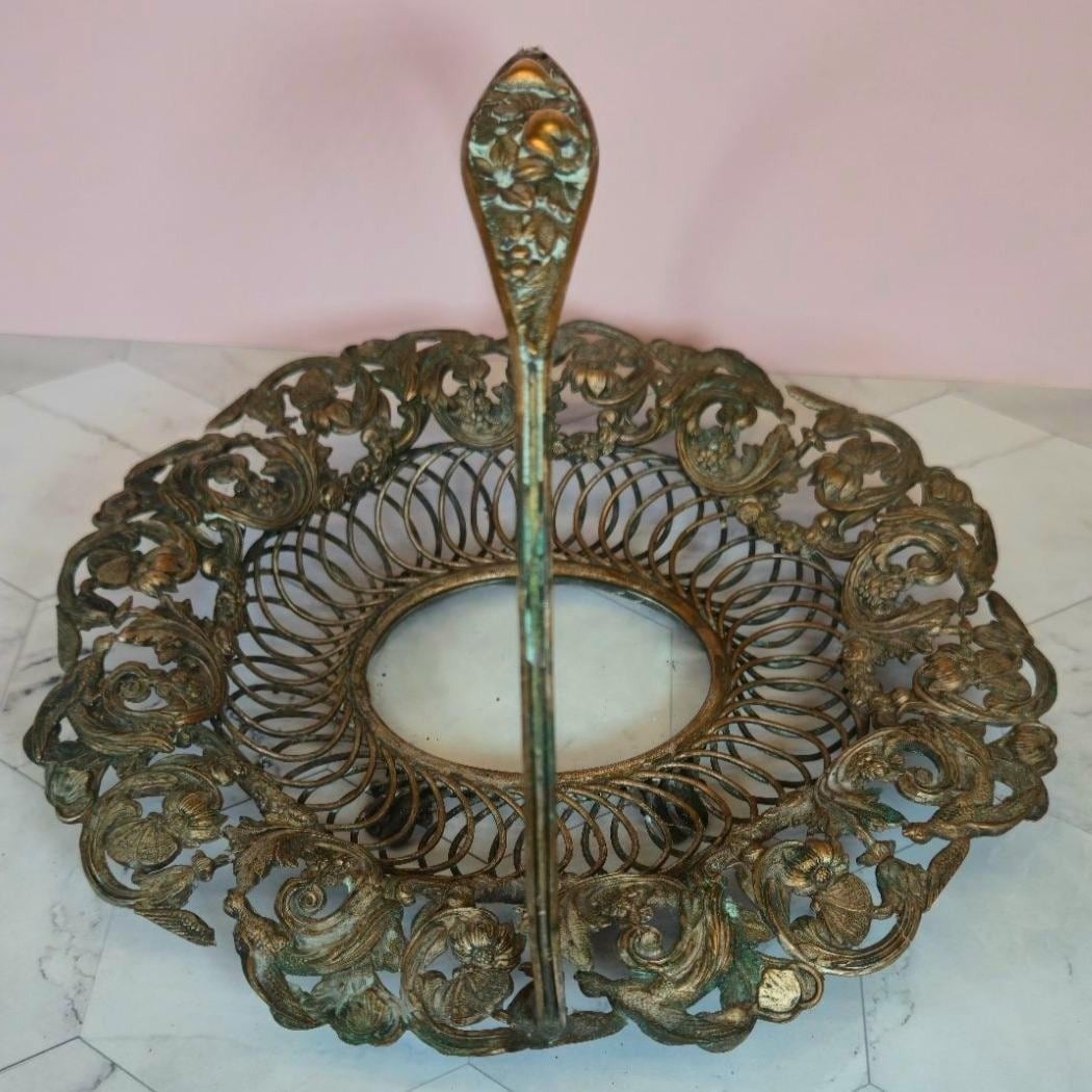 Antique brass Filagree Basket Ornate floral pattern Handle Victorian Era Wedding Antique brass Filagree Basket Ornate floral pattern Handle Victorian Era Wedding