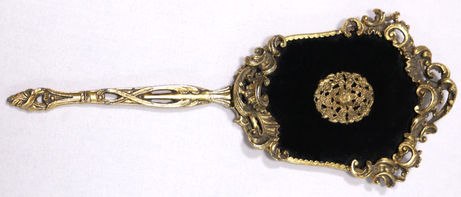 Vintage Ornate Gold Tone Vanity Hand Mirror Velvet Back Large Floral 15" Vintage Ornate Gold Tone Vanity Hand Mirror Velvet Back Large Floral 15"