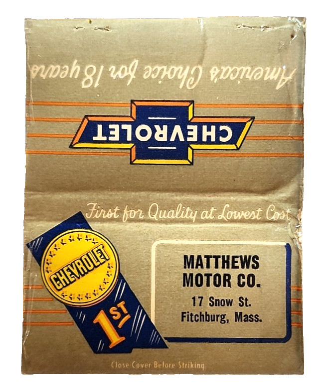 1940s Matthews Motor Chevrolet Dealer Vintage Matchbook Cover Fitchburg Mass 1940s Matthews Motor Chevrolet Dealer Vintage Matchbook Cover Fitchburg Mass