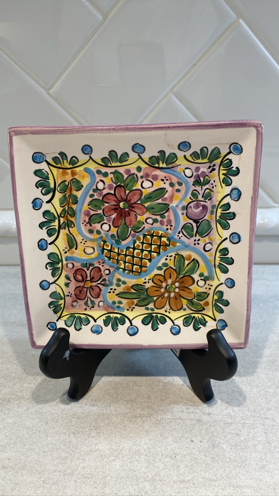 Arte Cruz Talavera Mexican Pottery Square Plate Hand Painted Floral