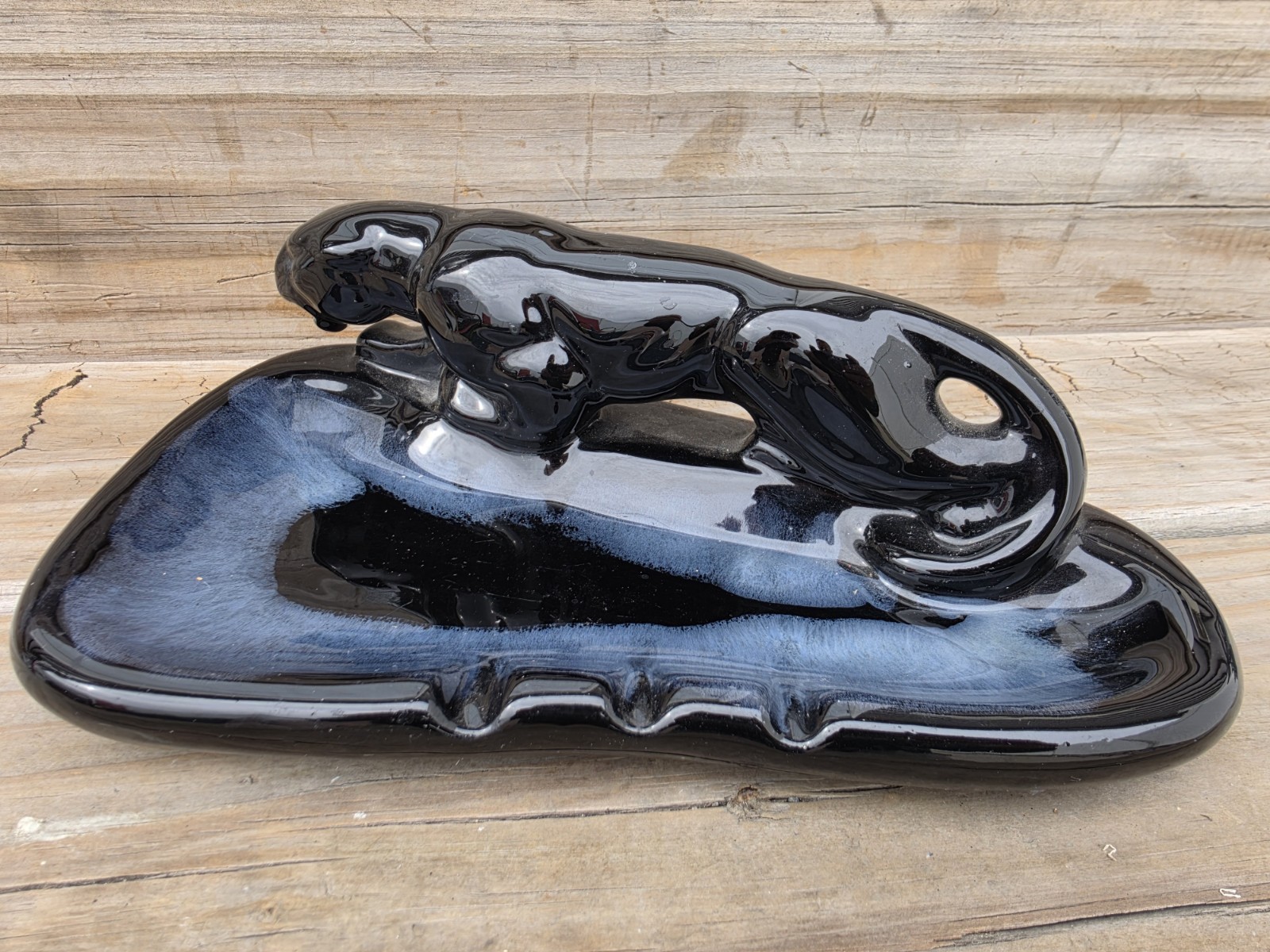 Vintage Mid-Century Ceramic Black Panther Ashtray 11 Inch Glazed MCM Tobacciana Vintage Mid-Century Ceramic Black Panther Ashtray 11 Inch Glazed MCM Tobacciana