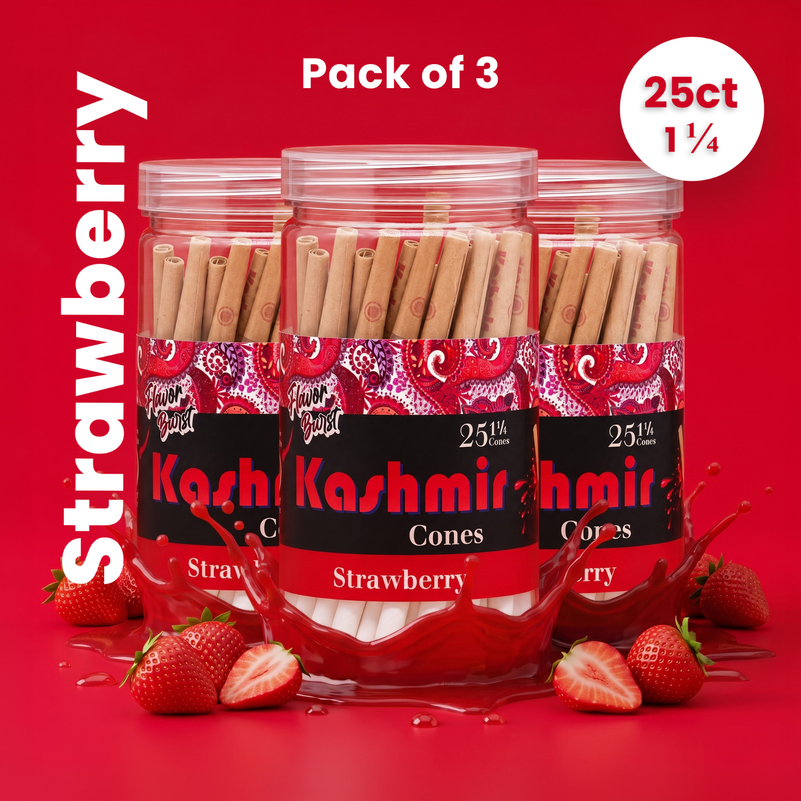 Kashmir Pre Rolled Cones Strawberry Flavored 1 1/4 Rolling Papers Cone 25x3 Jars Kashmir Pre Rolled Cones Strawberry Flavored 1 1/4 Rolling Papers Cone 25x3 Jars
