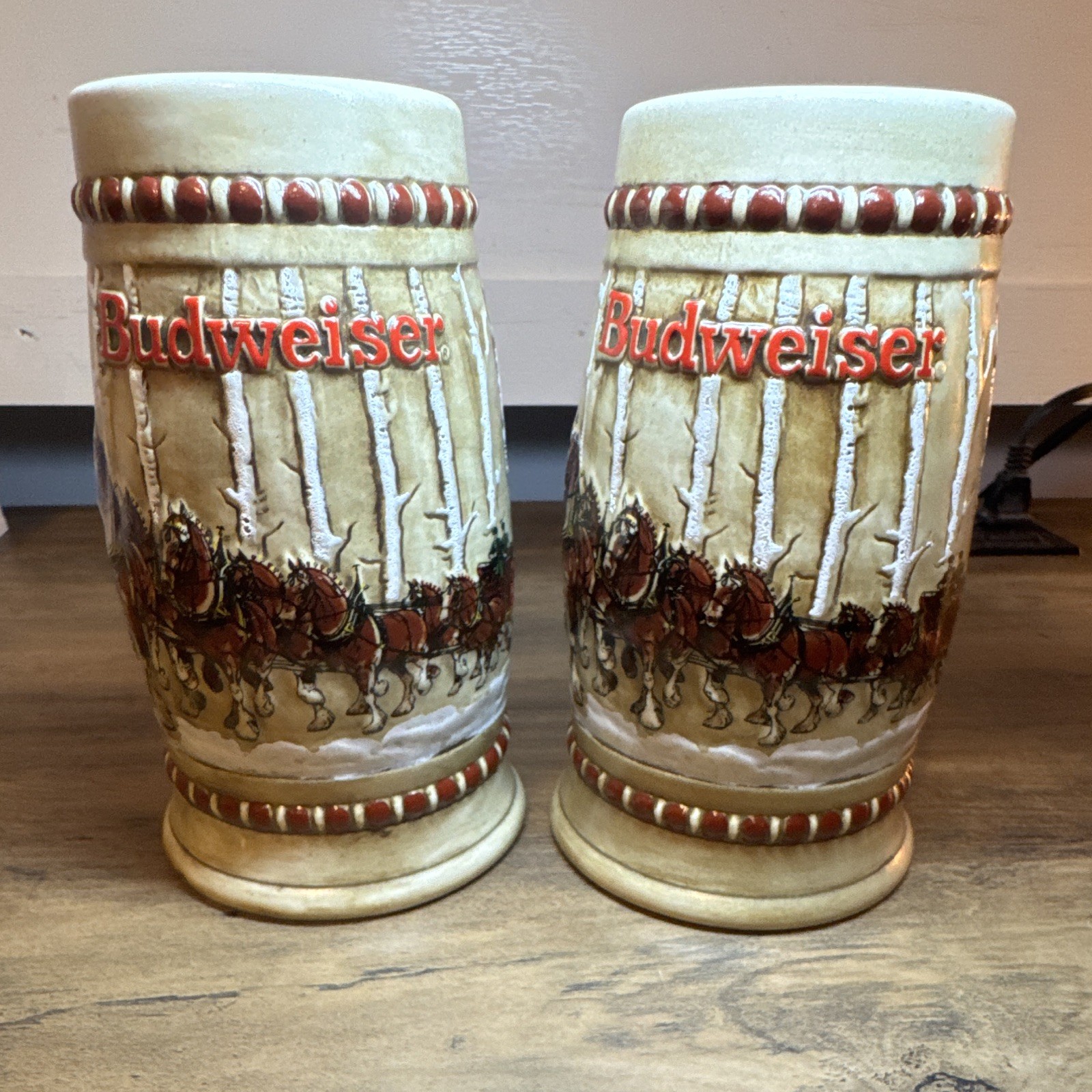 Vintage 1981 Budweiser Holiday Beer Steins CS50 Clydesdales Ceramarte Set of 2 Vintage 1981 Budweiser Holiday Beer Steins CS50 Clydesdales Ceramarte Set of 2