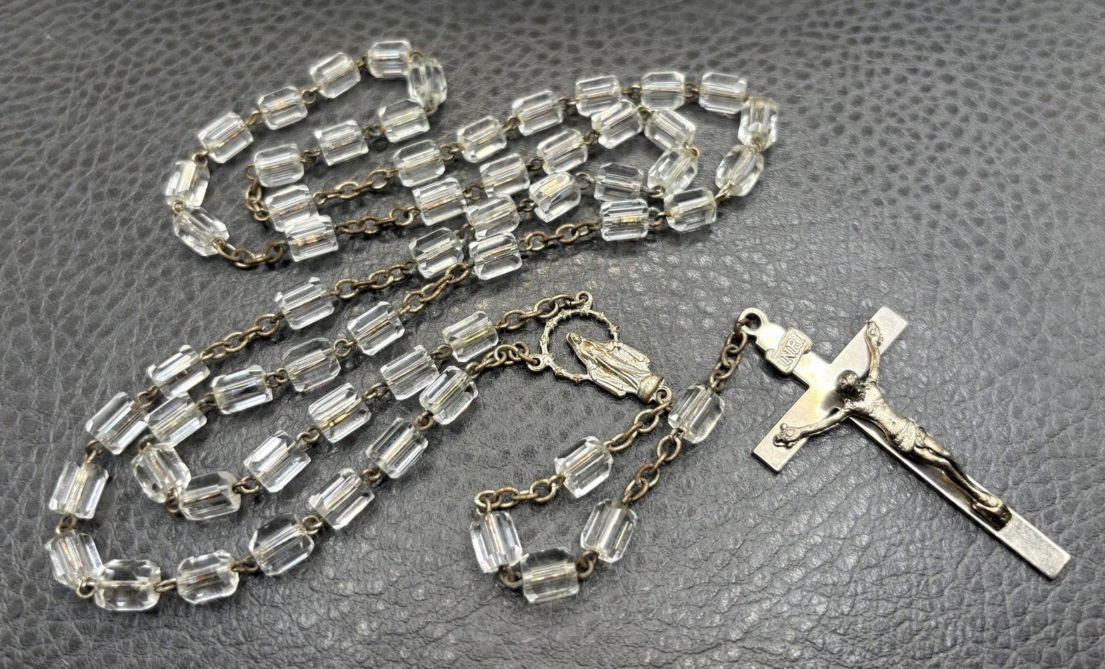 VTG Catholic Rosary Necklace Glass Cut Crystal Beads Cross Crucifix Silver Tone VTG Catholic Rosary Necklace Glass Cut Crystal Beads Cross Crucifix Silver Tone