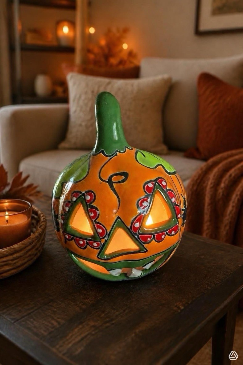 Talavera Pumpkin Jack o Lantern: Hand-Painted Ceramic Halloween Decor