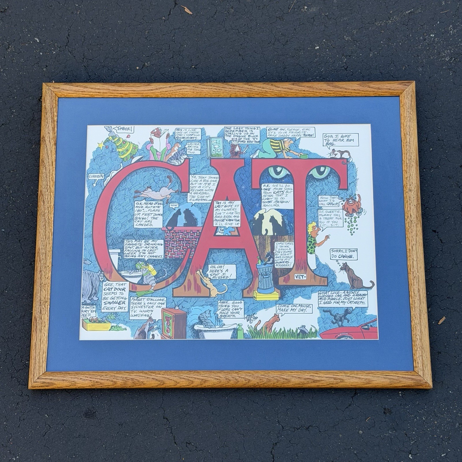 Peter Prints Humorous “CAT” 80s 1986 Wall Art Wood Framed 21" Vintage Peter Prints Humorous “CAT” 80s 1986 Wall Art Wood Framed 21" Vintage
