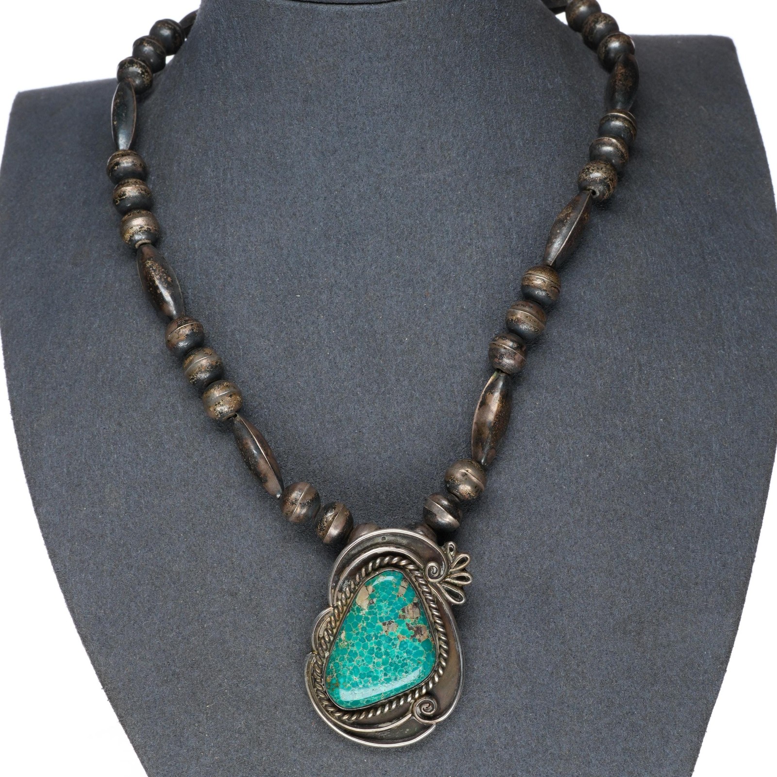 17" Vintage Navajo sterling silver beaded necklace with turquoise pendant