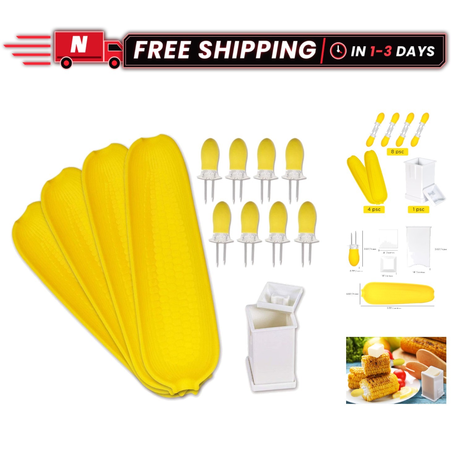 Essential 8-Piece Corn Holder Set with Stainless Steel Skewers & Butter Spreader