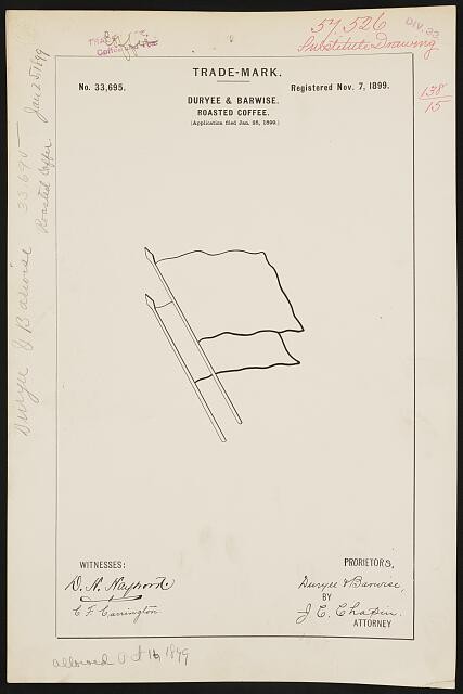 Photo:Duryee Barwise 1899 Two Flags Logo Roasted Coffee Trade Mark Photo:Duryee Barwise 1899 Two Flags Logo Roasted Coffee Trade Mark
