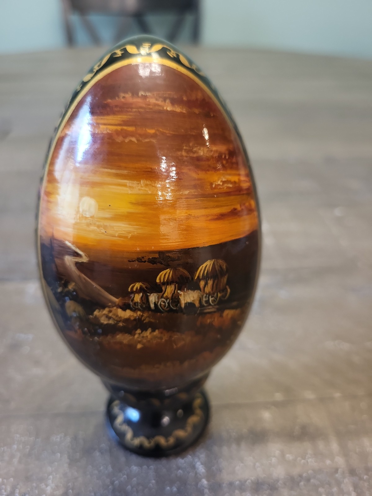 Vintage Hand Painted Black Lacquer Wooden Egg With Stand Signed 1998 Oxen Carts Vintage Hand Painted Black Lacquer Wooden Egg With Stand Signed 1998 Oxen Carts