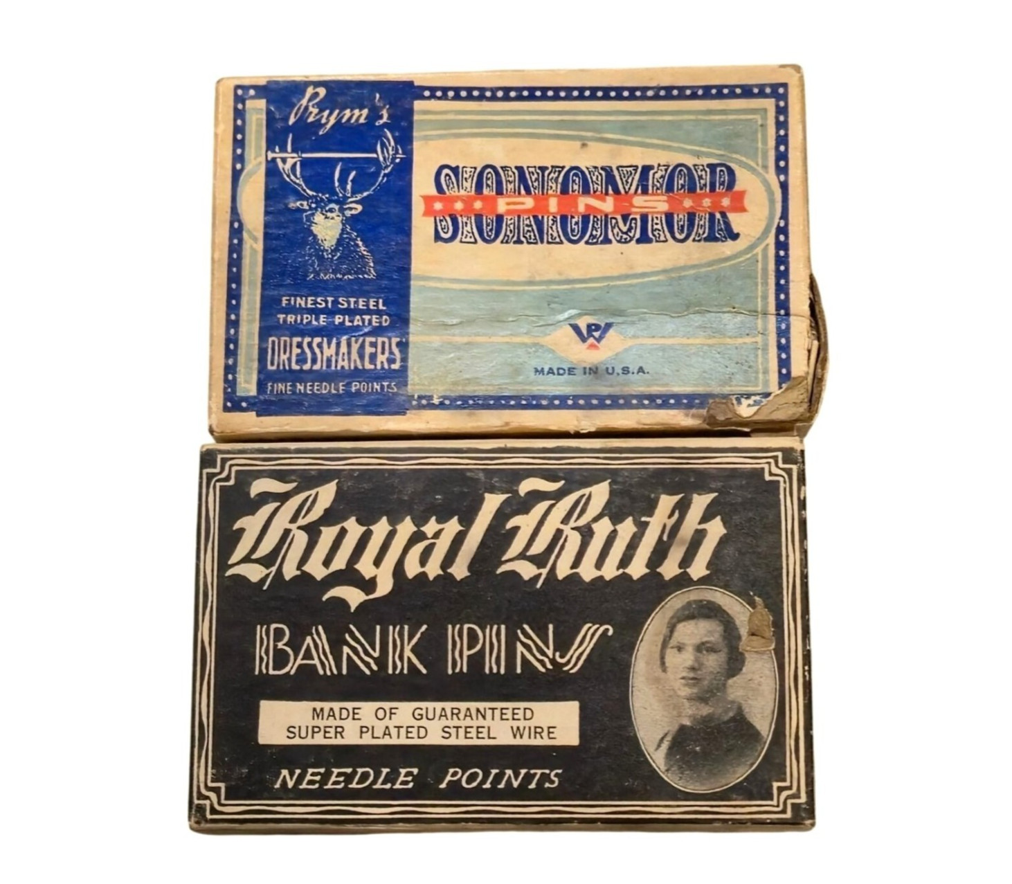 Antique Sewing Needle Boxes Prym Stag Royal Ruth Bank Pins 1920s Ephemera lot Antique Sewing Needle Boxes Prym Stag Royal Ruth Bank Pins 1920s Ephemera lot