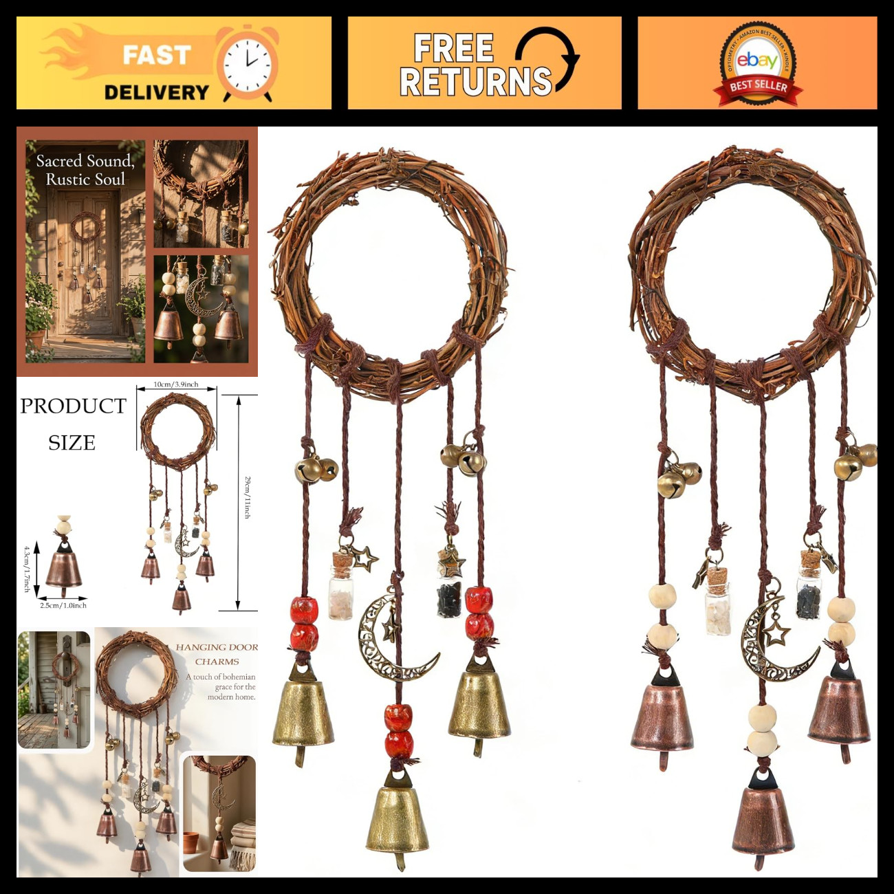 2 Pcs Witch Bells for Door Knob - Handmade Wind Chimes, Boho Home Decor, Protect 2 Pcs Witch Bells for Door Knob - Handmade Wind Chimes, Boho Home Decor, Protect