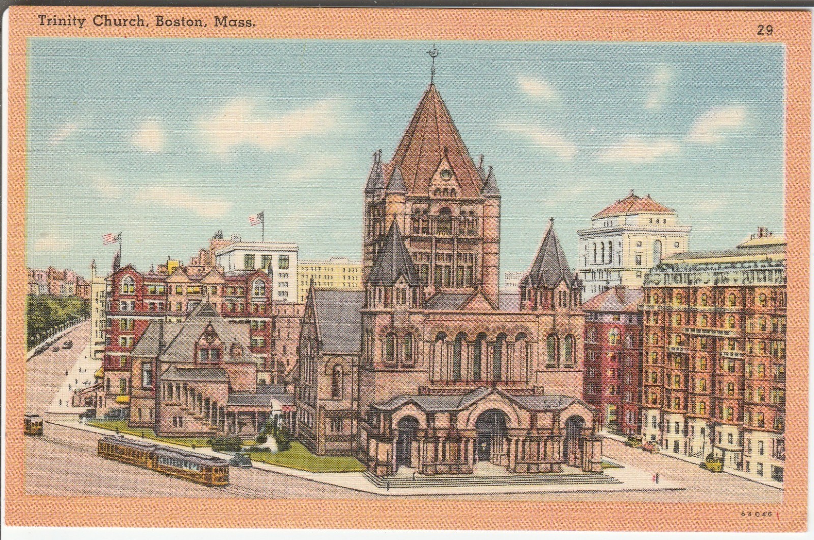 Boston MA postcard - Trinity Church - trollies 1930s 1940s linen Boston MA postcard - Trinity Church - trollies 1930s 1940s linen