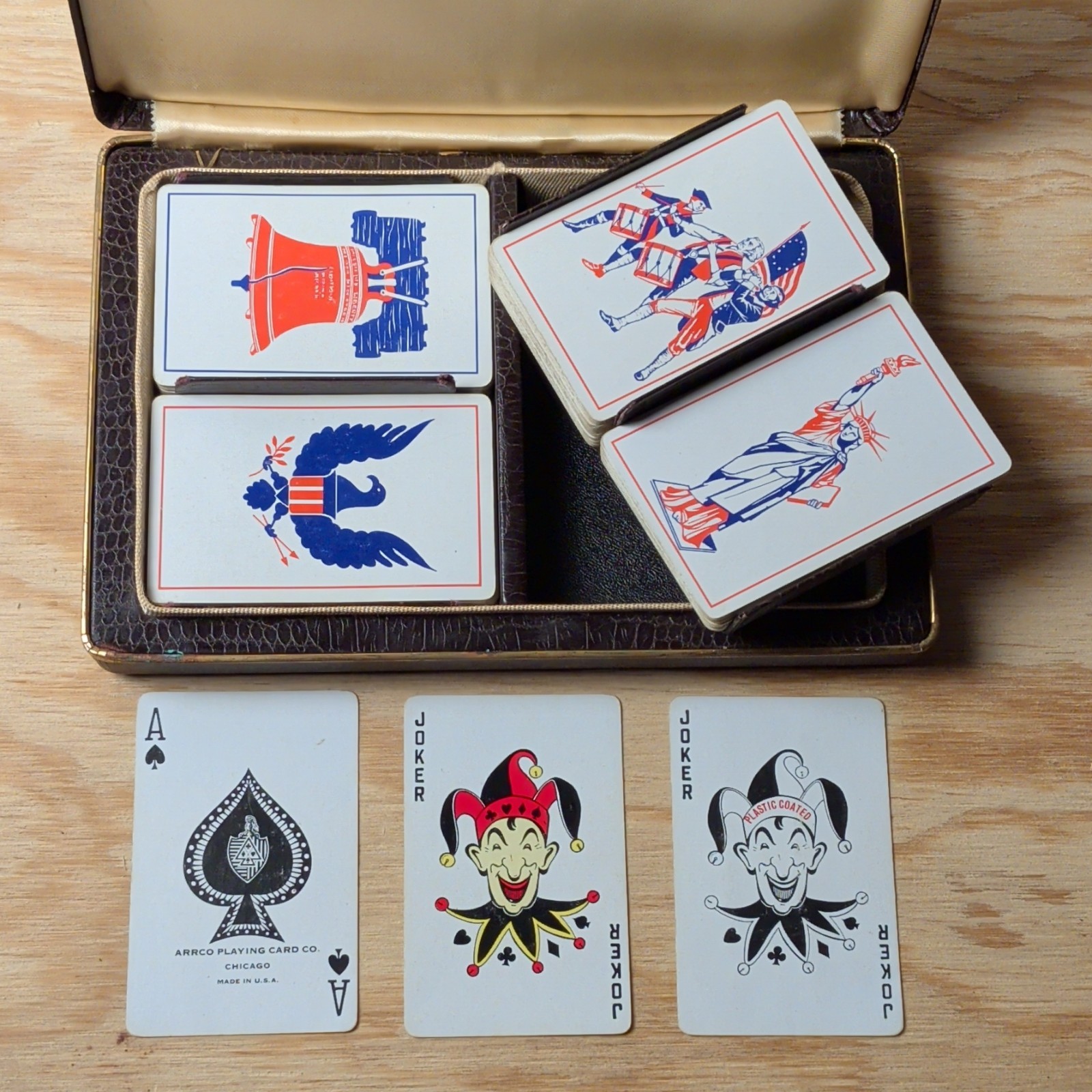 Vintage Mid Century ARRCO Playing Cards 4 Complete Deck Patriotic USA Set Case Vintage Mid Century ARRCO Playing Cards 4 Complete Deck Patriotic USA Set Case