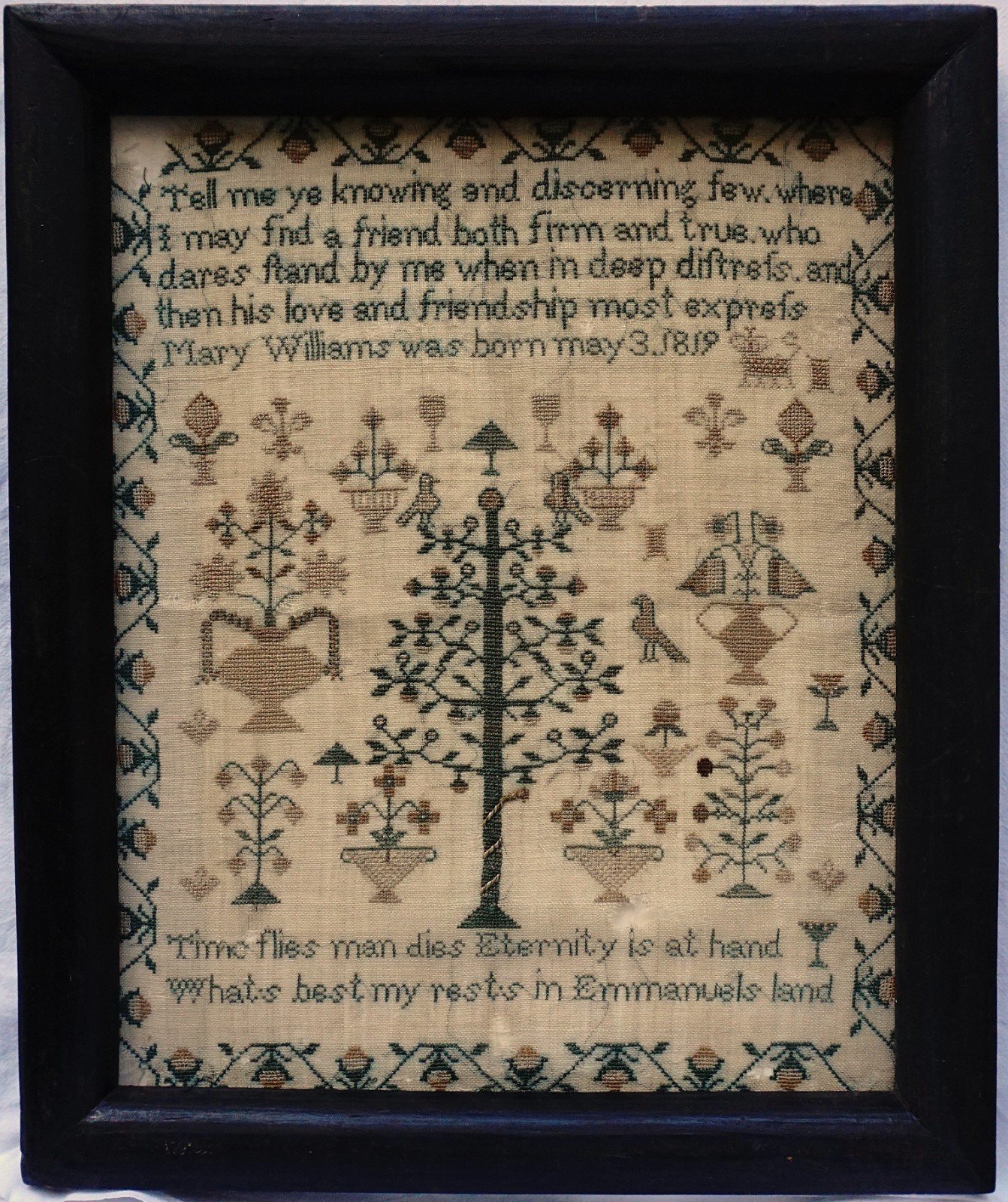 EARLY 19TH CENTURY TREE OF LIFE, MOTIF & VERSE SAMPLER BY MARY WILLIAMS - c.1830 EARLY 19TH CENTURY TREE OF LIFE, MOTIF & VERSE SAMPLER BY MARY WILLIAMS - c.1830