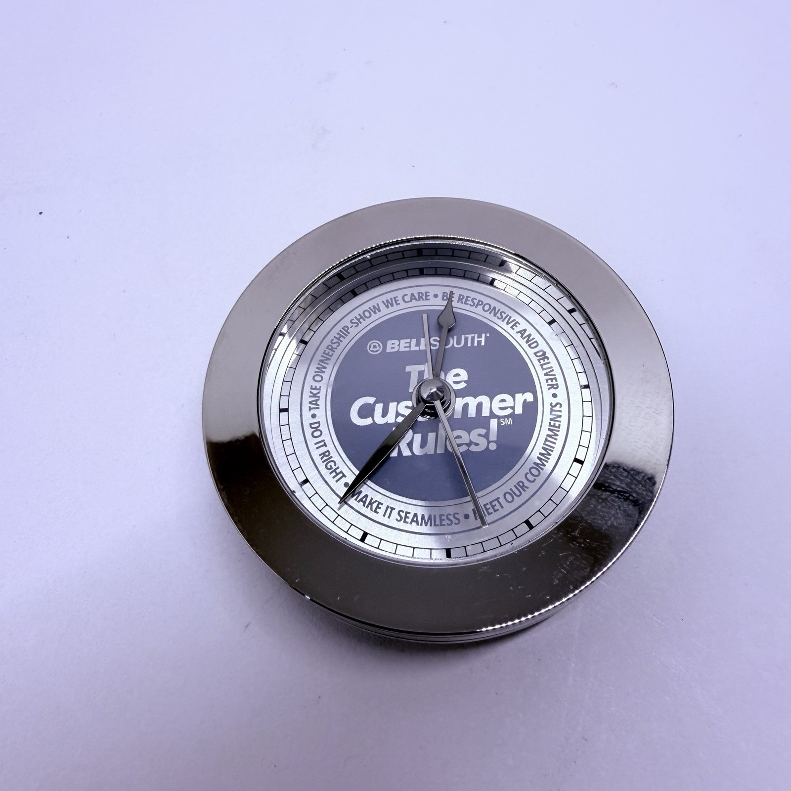Vintage BellSouth The Customer Rules Promotional Desk Alarm Clock 3” Chrome Vintage BellSouth The Customer Rules Promotional Desk Alarm Clock 3” Chrome